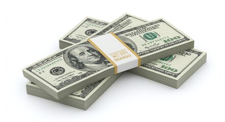 Stacks of New Hundred Dollar Bills on White Background in Business Money Concept