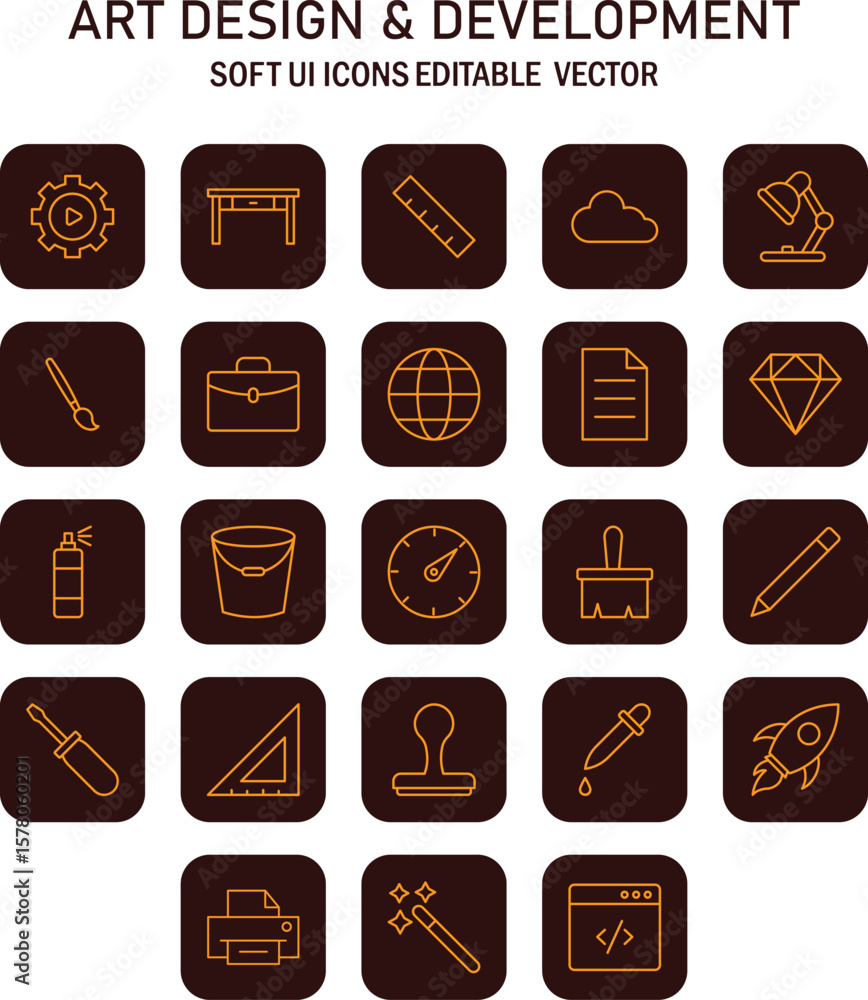 Poster minimalist vector art development icon set for creative projects and innovative designs in digital s