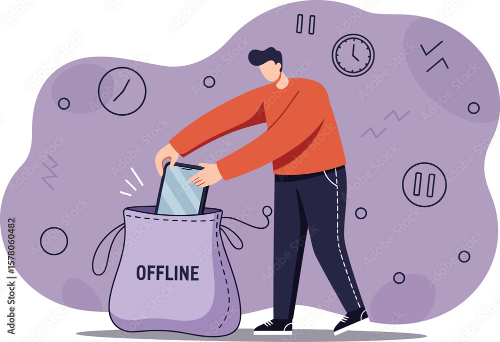 Poster man turning off internet connection using offline mode symbol in digital technology concept vector i