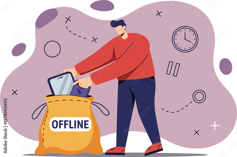 Poster man disconnecting digital devices illustrating offline mode and internet disconnection concept