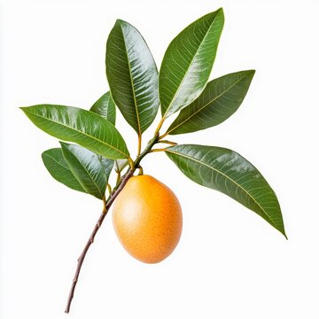 cerbera manghas sea mango plant glossy green leaves and orange fruit with distinct texture isolated on white transparent background