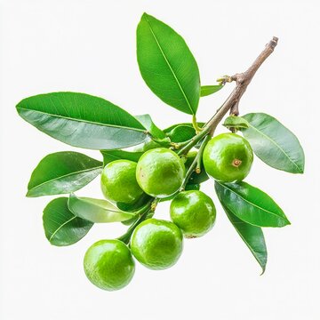 cerbera odollam suicide tree green fruit and long glossy leaves isolated on white transparent background