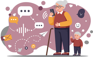 Elderly woman and child using smartphone with speech bubbles and communication icons vector illustration digital connection concept 