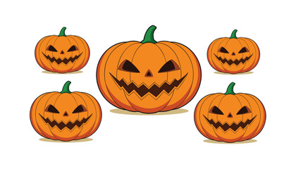 Group of five cartoon Halloween pumpkins with spooky carved faces isolated on white background, jack-o'-lantern set