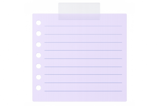 Lined notebook paper sheet, perforated edges, secured by adhesive tape against transparent backdrop, ready for personal documentation
