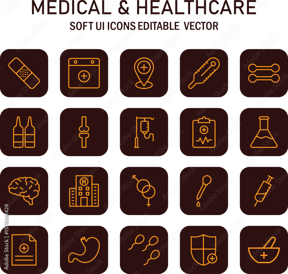 Poster comprehensive collection of outlined medical and healthcare icons for digital design and user interf