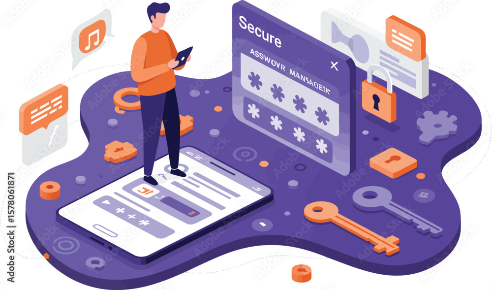Aufkleber digital security concept with password protection and user authentication illustration in purple and