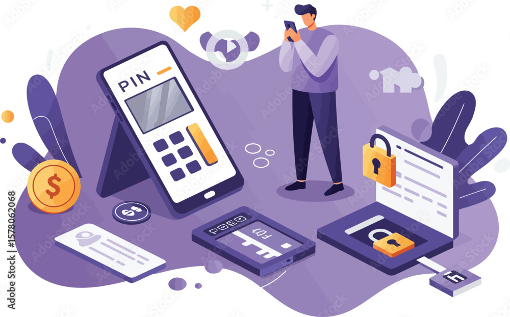 Poster mobile payment security concept with pin code authentication and digital lock illustration in purple