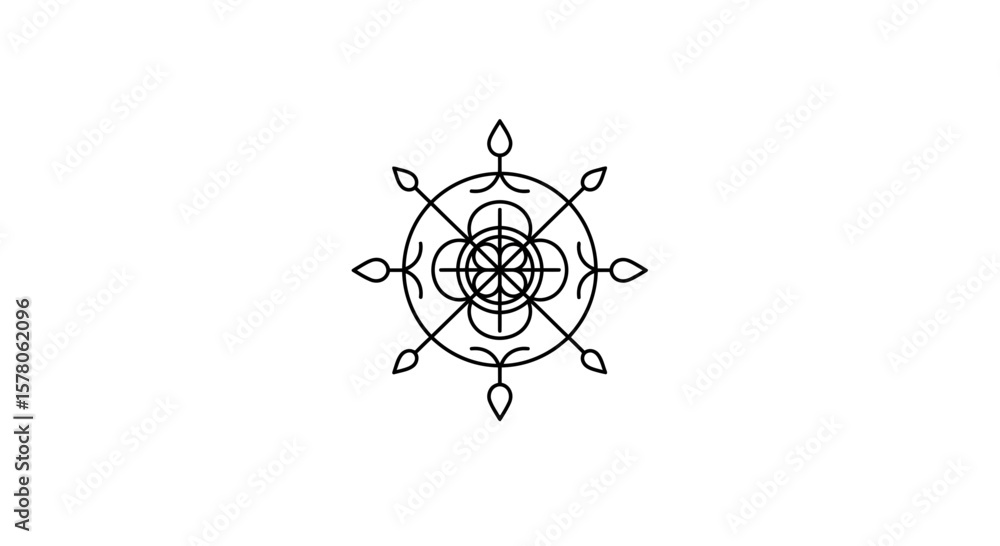 Poster circular design with radiating lines and teardrop shapes in black ink