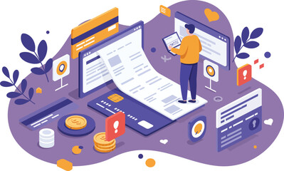 Obraz premium Digital finance management and online banking concept with invoices and coins in modern vector illustration 