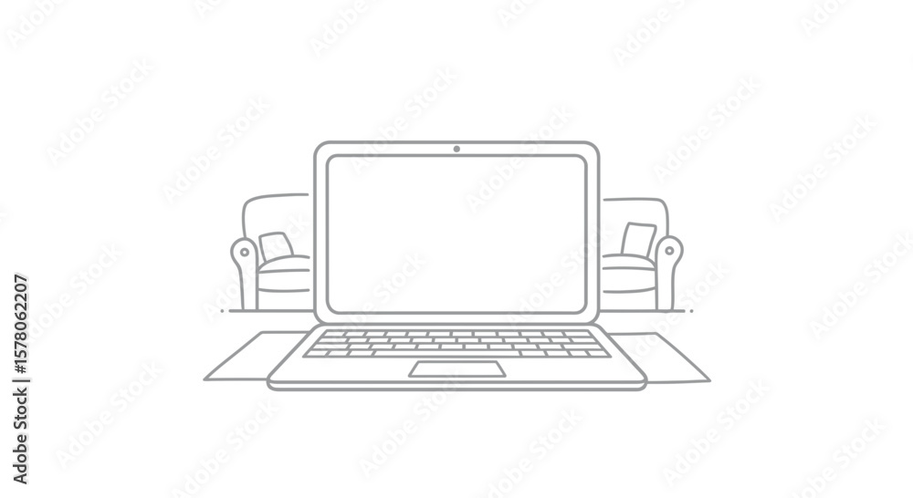 Poster laptop on a desk with two sofas in the background in a simple outline