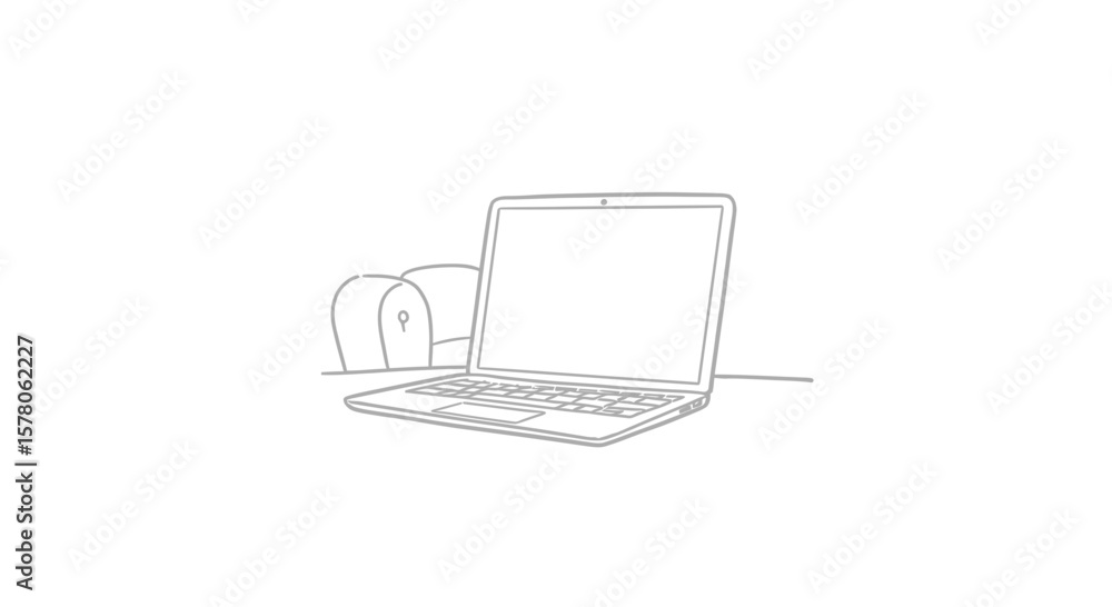 Poster laptop on a table with a chair in the background in a simple drawing