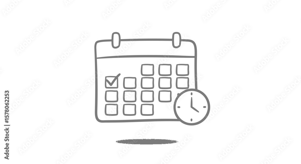 Poster doodle style calendar with a checkmark and clock indicating a schedule