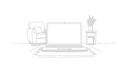 Fototapeta premium Laptop on rug with armchair and plant in a simple line drawing format