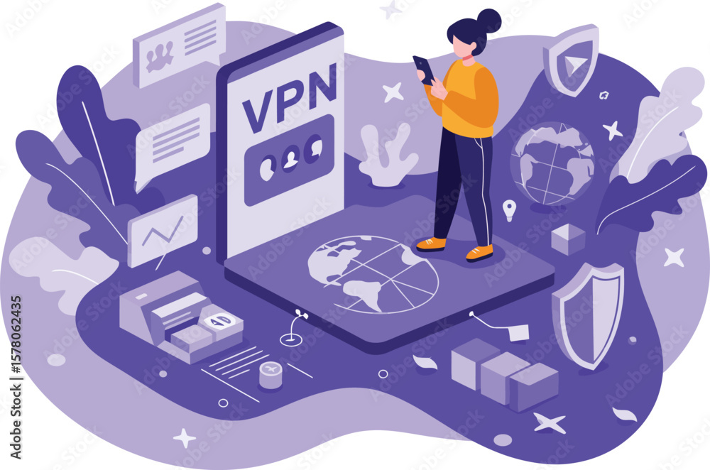 Poster virtual private network vpn security concept with user and digital protection icons in purple tones