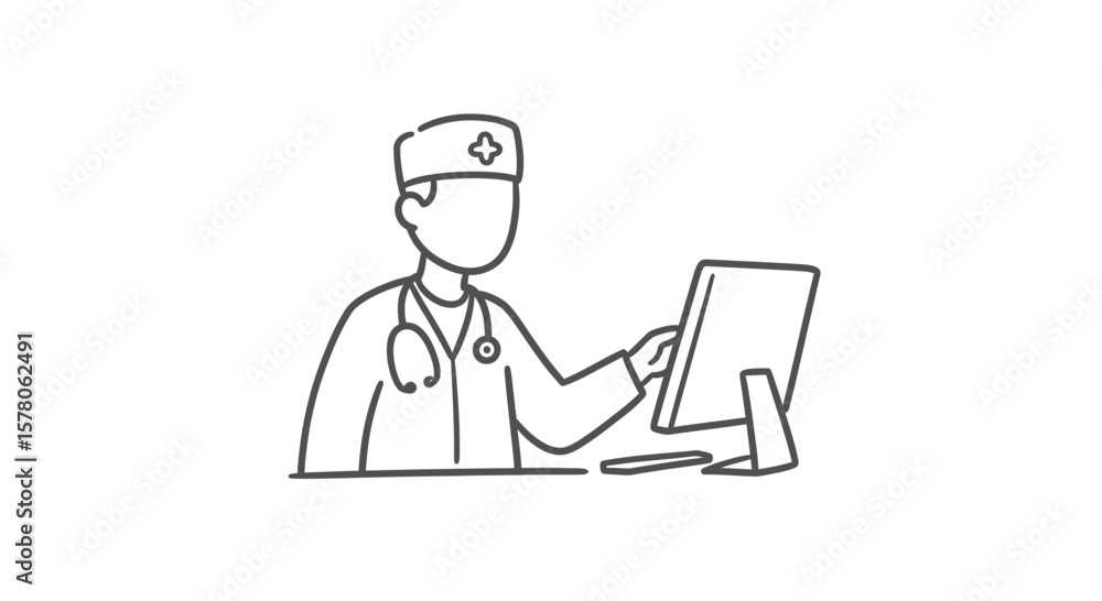 Fototapete A doctor with stethoscope using a computer in a white background scene