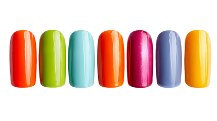 Colorful nail polish swatches in vibrant shades of orange, green, blue, red, purple, and yellow create cheerful and playful display