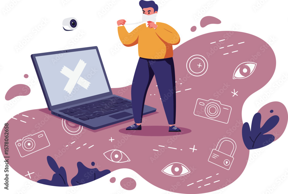 Poster man standing near laptop with error screen surrounded by digital security icons vector illustration