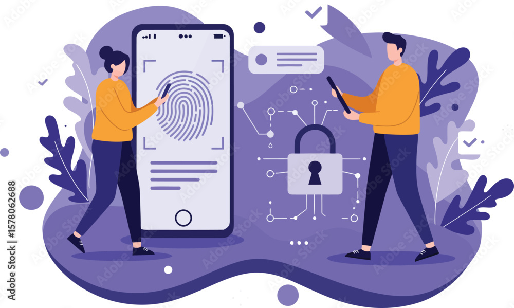 Poster user authentication process with fingerprint and mobile security system vector illustration in purpl