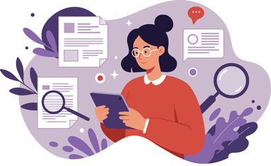 Woman holding tablet surrounded by documents and magnifying glass in purple workspace vector illustration 