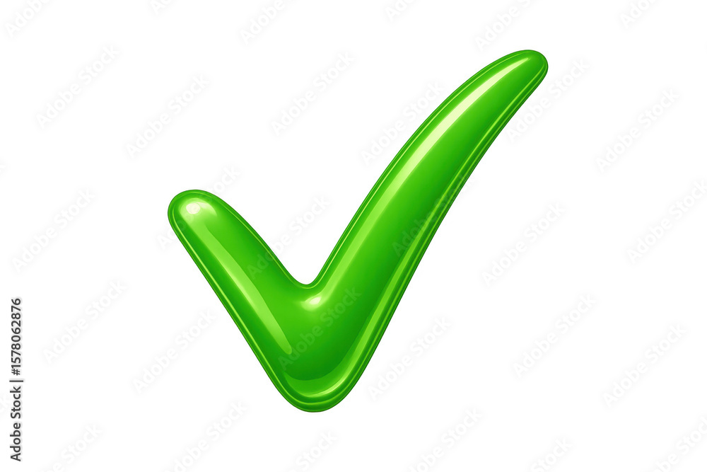 Poster glossy green checkmark representing confirmation, success, and validation, floating against transpar