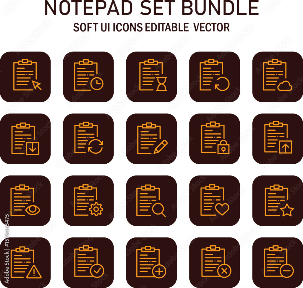 Poster assortment of soft user interface clipboard icons illustrating diverse data management and applicati