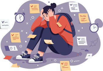 Stressed young person overwhelmed with tasks and reminders surrounded by clocks and notes vector illustration 