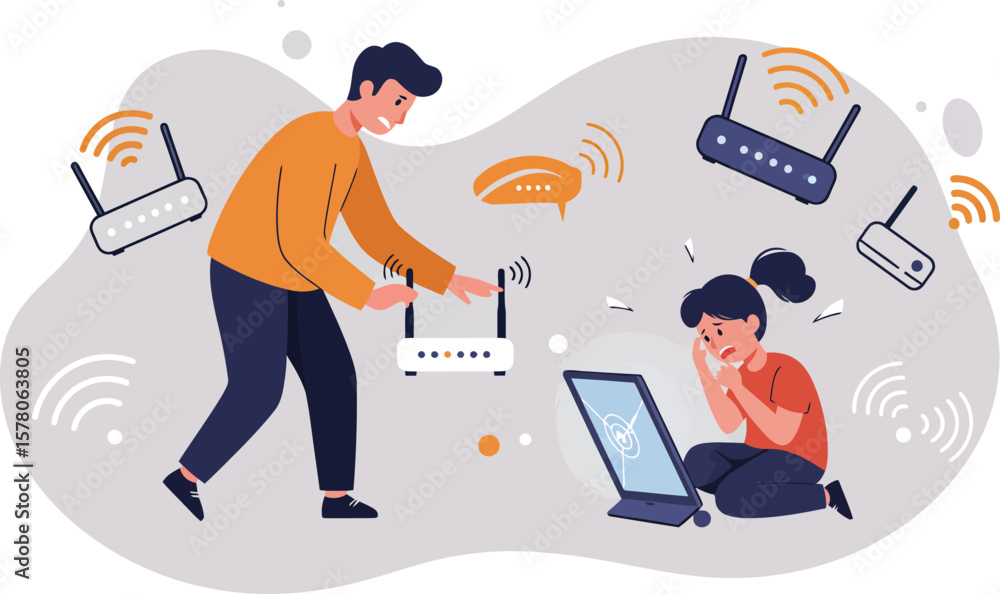 Poster father and son setting up wireless internet router for home network connection technology vector ill