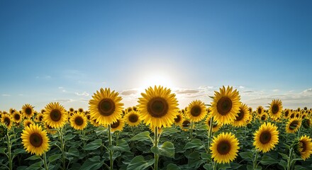 Fototapeta premium Bright Sunflower Field Under Clear Blue Sky During Sunset