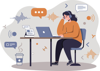 Woman working on laptop with voice recognition and chat bubbles in modern workspace illustration 