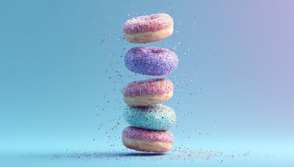 Stacked donuts, pastel sprinkles, levitating