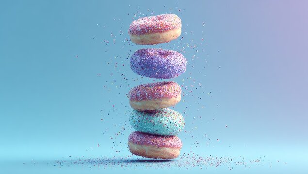 Stacked donuts, pastel sprinkles, levitating