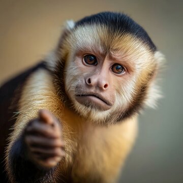 capuchin monkey reaching out with one paw as if offering something gentle expression sharp detail