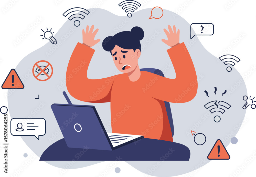Poster frustrated man dealing with internet connectivity issues on laptop surrounded by warning icons and w