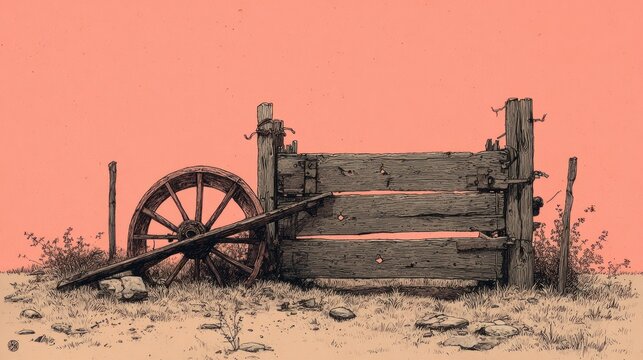 Rustic wooden gate and wagon wheel in a desert landscape