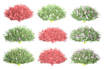 Nine digital shrubs show various red and flowering bushes.