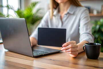 Businesswoman Holding a blank business Card mockup, working a office desk.