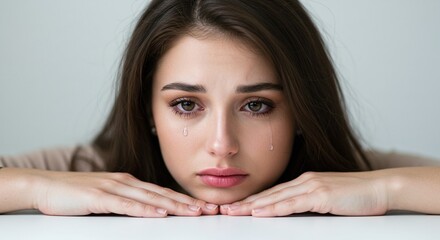 Obraz premium Young Woman with Sad Expression and Tears Resting Her Chin on Surface in Indoor Setting