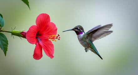 Fototapeta premium Anna's Hummingbird in Flight, Graceful Nectar Sipping from Vibrant Red Hibiscus