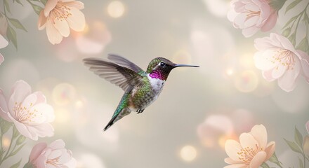 Naklejka premium Anna's Hummingbird in Flight, Soft Pastel Floral Frame