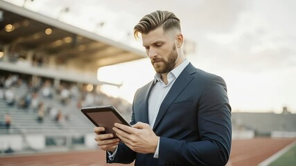Businessman using tablet at stadium on running track outdoors - Powered by Adobe
