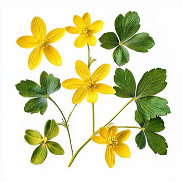 chelidonium majus greater celandine yellow fourpetaled flowers and lobed leaves isolated on white transparent background