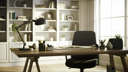 A stylish home office with a modern desk and cozy atmosphere.