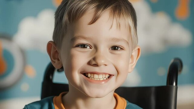 Happy young boy with a disability smiles broadly from his wheelchair