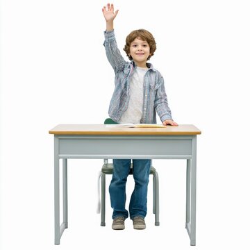 child raising hand and standing at desk classroom simulation clear and isolated setup