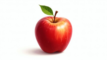 Realistic Red Apple with Smooth Shiny Skin and Green Leaf – High-Detail Fruit Illustration Isolated on White Background, Perfect for Food, Nutrition, and Health Concepts