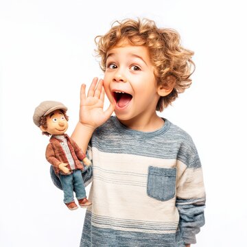 child boy mimicking talking with hand puppet gesture humorous expression white background