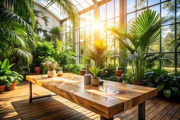 Fototapeta premium Sunlight streams into a greenhouse with a wooden table surrounded by plants