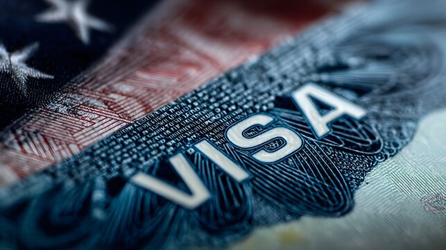 Close-up shot of a document featuring a US flag and the word "VISA," indicating travel authorization and identity verification.