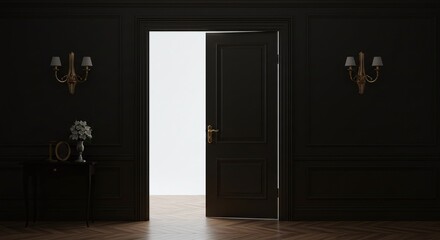 Dark Elegant Interior Room with Open Door Leading to Bright Space